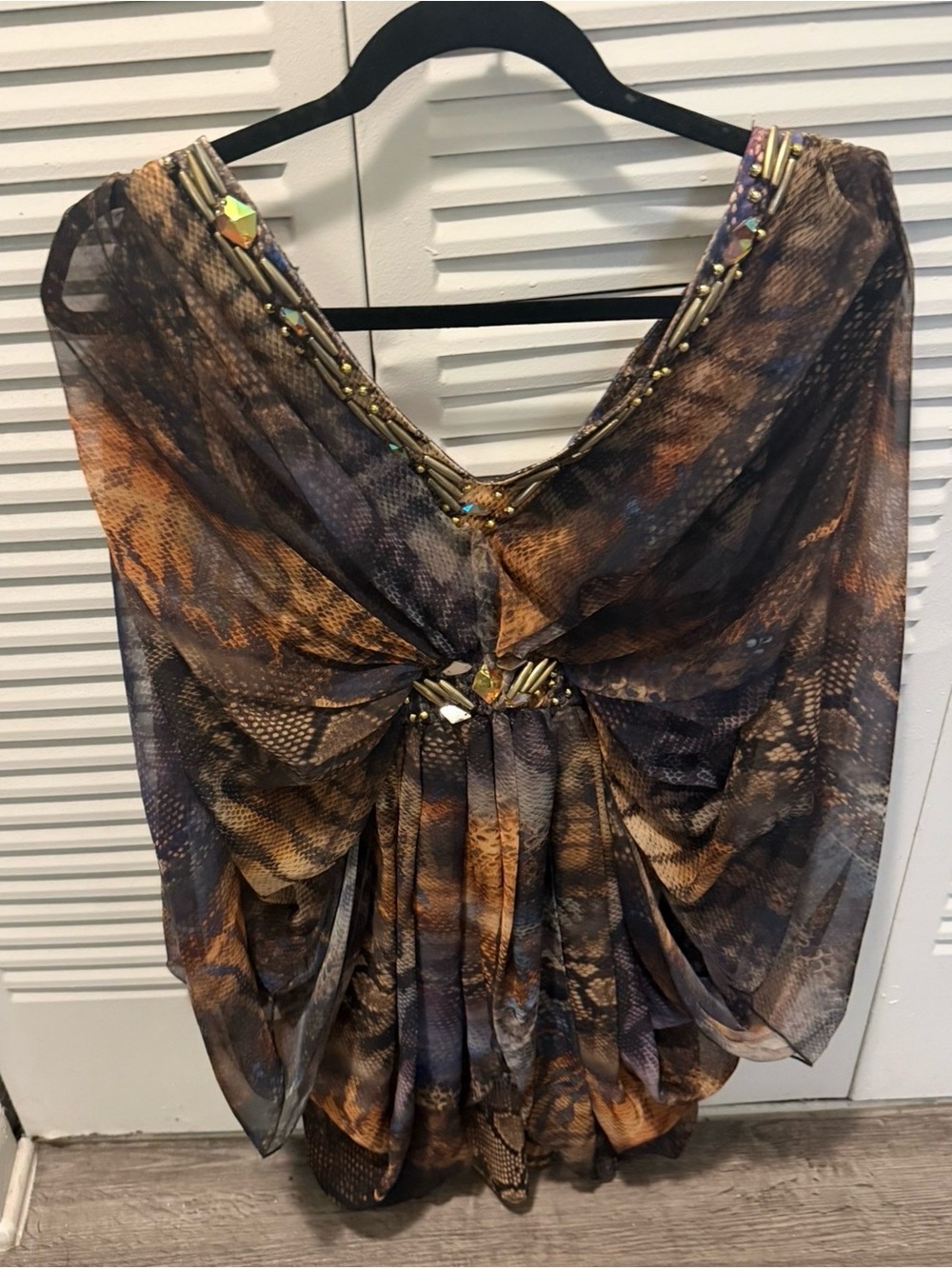 Embellished Brown Snake-Print Chiffon Women’s Top
